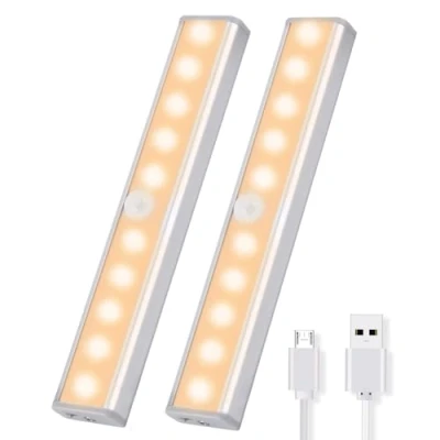 Immagine di OUSFOT Luce LED con Sensore Di Movimento, 10 Sottopensile Cucina 2 pezz Magnetica Ricaricabile Luci Armadio Adatto per Scale, Corridoi, Cucine Emergenze in Garage