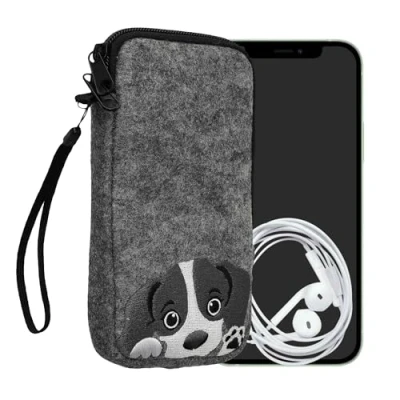 Immagine di kwmobile Custodia in Feltro con Zip per Smartphone L 6,5&quot; Astuccio portacellulare a Sacchetto Cerniera e Ricamo Borsa Cane Curioso Grigio/Nero