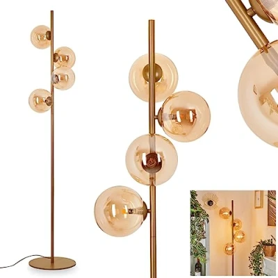 Immagine di lampada a stelo Remaisnil moderna da terra in metallo/vetro ottone/champagne, design retrò/vintage con interruttore pedale sul cavo, altezza 160 cm, 4 x G9, senza lampadina