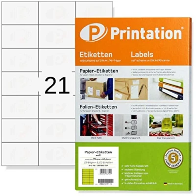 Immagine di Printation Etichette universali 70 x 42,4 mm 2100 bianche adesive 70x42,4 su 100 fogli bianchi A4 3x7 24 per Foglio rettangolari autoadesive bianco