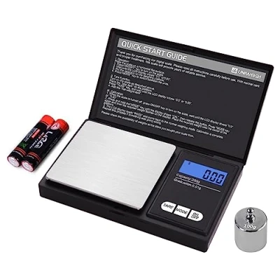 Immagine di UNIWEIGH Digital Gram Scale,200g 0.01g/0.001oz Weight Scale and Ounce,Electronic Smart Mini Pocket with 100g Calibration Weight,for Grain,Gold,Jewelry,Power,LCD Display, Tare, Auto Off