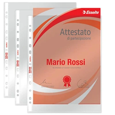 Immagine di Esselte Buste Perforate Office, in PPL Lucido, per Archiviare e Conservare Documenti Formato A4, Confezione da 50 Buste, 395011300