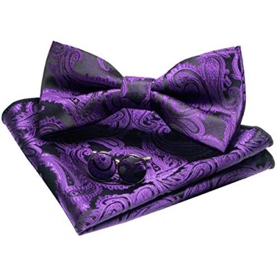 Immagine di JEMYGINS Papillon Uomo Viola Paisley Design Regolabile in Diversi Colori Partito cena di gala con Fazzoletto e Gemelli