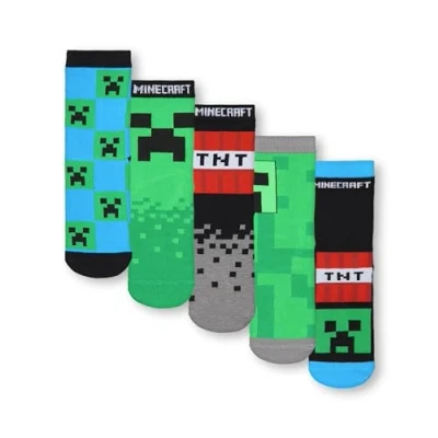 Immagine di MINECRAFT Set di 5 Calzini per Ragazzi Al Polpaccio con Creeper e TNT Stampa All over in Nero, Verde Blu Bambini Giocatori Regalo Merchandising Mojang