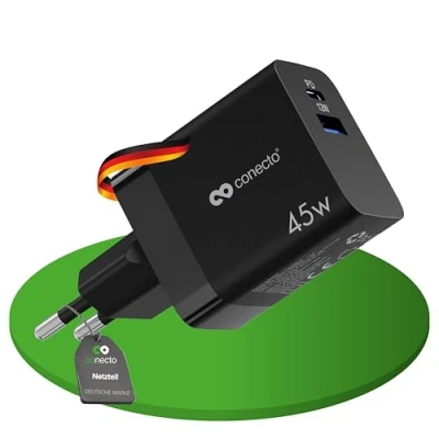 Immagine di conecto caricatore USB C, alimentatore USB, 2 porte, 1x C 45 watt max. PD, A 12 max., rapido GaN, per telefoni cellulari, nero