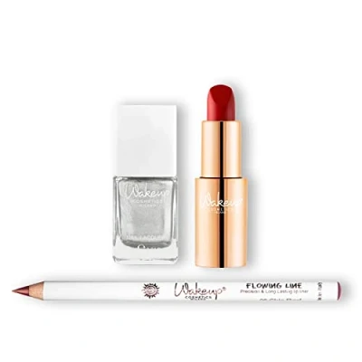 Immagine di Wakeup Cosmetics Kit Labbra + Unghie Rossetto Cremoso Everyday Hero (Perfect Ruby), Matita dal Tratto Preciso Flowing Line (Chic Red), Smalto per Argentato