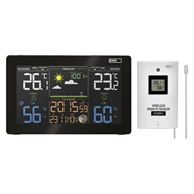 Immagine di EMOS E5111 Stazione meteo radio per temperatura interna ed esterna con sensore esterno, display a colori, previsioni meteo, orologio radio, barometro, tendenza di pressione e temperatura, calendario,