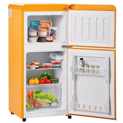 Immagine di Frigorifero Piccolo, minifrigo con cella Freezer, frigo bibite Silenzioso 60L, 27C ∽ 13C, Volume congelatore 22 Litri, Luce LED, Classe energetica F,Yellow