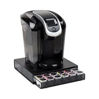 Immagine di Mind Reader Network Collection, Single Serve Coffee Pod Drawer, 36 Capacity, Machine Base, Solid Metal Top with Decorative Mesh 9.5&quot; L x 12.25&quot; W 2.5&quot; H, Black