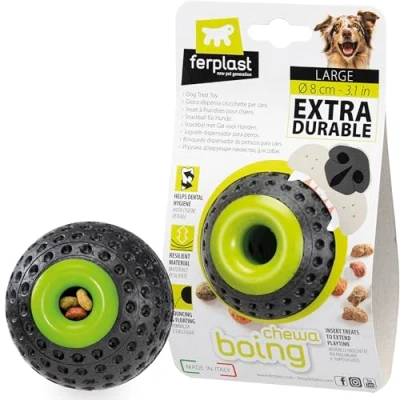 Immagine di Ferplast Gioco Cane, Dispenser Crocchette Cani, in Materiale Durevole, Atossico, Resistente ai Morsi, Igiene Dentale del Rimbalza e Galleggia, CHEWA BOING Pallina Porta Nero