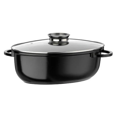 Immagine di GSW 410571 Gourmet Ceramica pirofila a induzione XL ovale con coperchio in vetro aromatico 38x25cm/circa 8,5 litri, fusione di alluminio, maculato nero, 38 cm, 4 unità