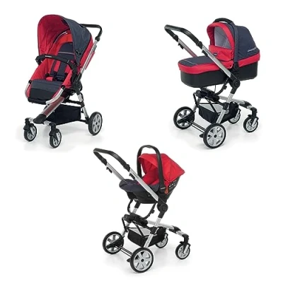 Immagine di Foppapedretti Trio Supertres I Size, Sistema Modulare Combinato per Bambini, Navicella Passeggino e Seggiolino auto Maniglione Poggiagambe Regolabili, conforme ECE R129, Denim Rosso
