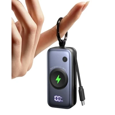 Immagine di INIU Power Bank per Apple Watch, 5000mAh Caricabatterie Portatile con Cavo Integrato, Batteria da Viaggio Sottile Portachiavi e LCD Display iWatch 10/9/8/Ultra2/Ultra/SE, iPhone 16/15 etc