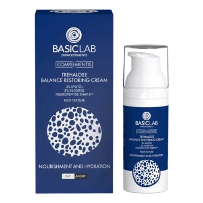 Immagine di BasicLab Dermocosmetics Trealosio, crema bilanciante per la pelle, 50 ml, donne e uomini, consistenza ricca, nutrienti idratanti, pelle secca, protegge