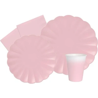 Immagine di Kit Party Tavola Flower Shape per 8 persone (44 pezzi: piatti Ø23cm, Ø18cm, bicchieri 200ml, 20 tovaglioli 33x33cm) in carta compostabile eco friendly, rosa pastello