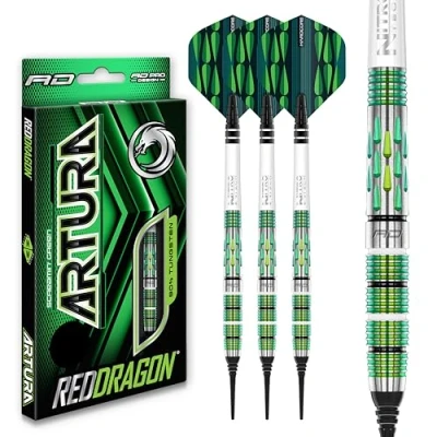 Immagine di RED DRAGON Artura Screamin&#039; Green Set di Freccette in tungsteno Softip Premium da 18 Grammi con Alette e steli