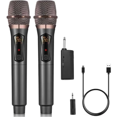Immagine di ALPOWL WXM Microfono Wireless, Karaoke con 192KHZ/24Bit, Professionale UHF Cordless Dynamic Mic System, Sistema PA Ricevitore Ricaricabile per Amplificatore Vocale(Nero)