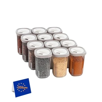 Immagine di IDOBY Set di 12 scatole per spezie, in plastica, trasparente, plastica senza BPA, campeggio, sale e pepe, conservare spezie (trasparente)