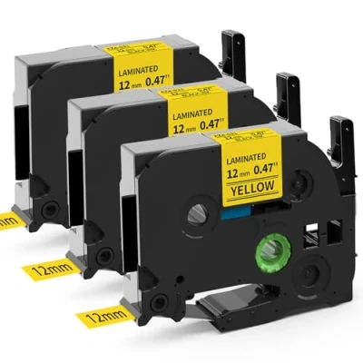 Immagine di MarkField 3x Nastro per Etichette Compatibile con Brother P touch TZe Tapes Cassetta PT 1000 1010 1090 1830VP 2030VP 2100VP, 12mm x 8m, Nero su giallo