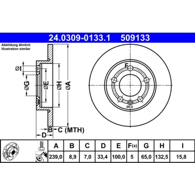 Immagine di ATE PowerDisc 24.0309 0133.1 Disco freno 239,0 8,9 5 100,0 pieno rivestito con bulloni/viti VOLKSWAGEN: Golf 4, 4 Variant, Bora Sedan