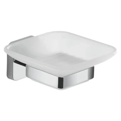Immagine di GEDY Portasapone Tonga, Porta Saponetta in Acciaio Inox, Cromall e Vetro Satinato, Fissaggio con Viti Incluse o Biadesivo, Cromato, 10,5x11,6x5cm
