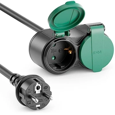 Immagine di deleyCON 2m Cavo di Prolunga Outdoor Estremamente Resistente Alle Intemperie IP44 in Gomma per Uso Permanente All&#039;esterno Contatto Protezione Spina Tipo F (CEE 7/4) a 2x Presa 7/3) Nero