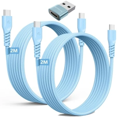 Immagine di TECHGEAR cavo di ricarica lungo da USB C a C, 60 W (2 m + 2 adattatore), intrecciato tipo dati rapida compatibile con i