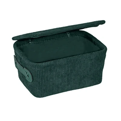 Immagine di WENKO Cesta da bagno Anela con coperchio in design a corda per riporre e mettere ordine strumenti accessori bagno, 100% poliestere, maniglia pelle artificiale, 19 x 10 14 cm, verde scuro