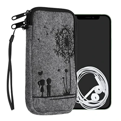 Immagine di kwmobile Custodia in feltro con zip per Smartphone XL 6,7/6,8&quot; Astuccio portacellulare a sacchetto cerniera e ricamo Borsa Amore nero/grigio chiaro