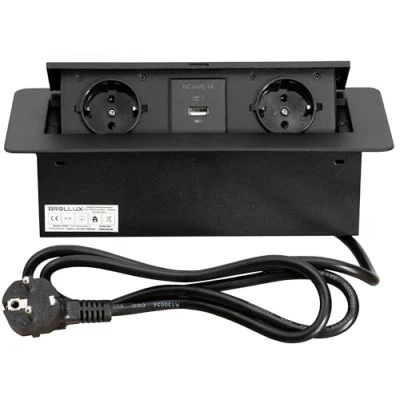 Immagine di BROLLUX Presa da incasso a scomparsa, 2 prese con USB e USBC, colore nero, apertura morbida, in alluminio pressofuso 1,5 m, cavo di collegamento