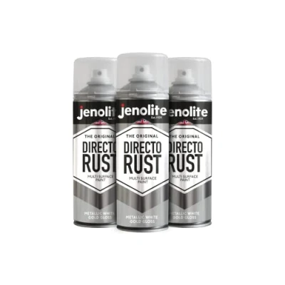 Immagine di JENOLITE Directorust Vernice spray lucida metallizzata ORO BIANCO multisuperficie Primer, fondo e finitura all in one 3 x 400 ml