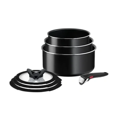 Immagine di Tefal Set di padelle Ingenio Easy ON Try Me, 7 pezzi, impilabili, con manico rimovibile, salvaspazio, antiaderente, nero, L1599602