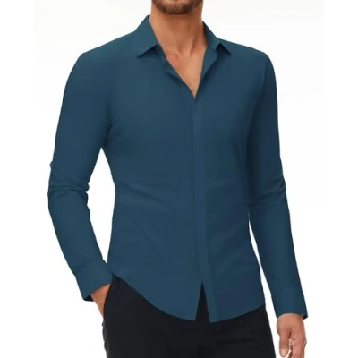 Immagine di DEMEANOR Camicia elasticizzata da uomo a maniche lunghe, slim fit, business, senza stiratura, uomo, per il tempo libero, Blu scuro, XXL