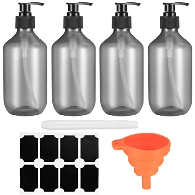 Immagine di 4 Pz Bottiglie Vuote Pompa a Pressione, 300 ml Dispenser Contenitore di Sapone Plastica per Shampoo Lozioni Bagno Cucina, con Etichetta Penna Imbuto (Nero trasparente)