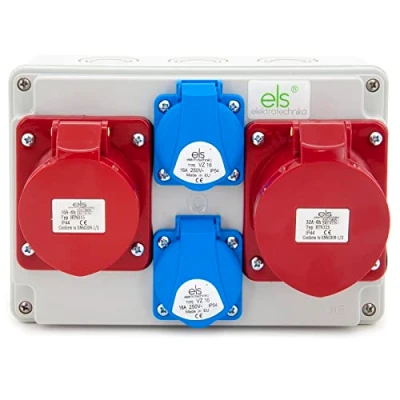 Immagine di ELS Elektrotechnika distributore di corrente da parete 2 x 230 V Schuko + 1 CEE 32 A 16 A, per interni ed esterni, officine e fabbriche