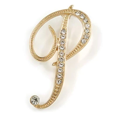 Immagine di Spilla a forma di lettera P placcata in oro con cristalli trasparenti, iniziale, idea regalo 50 mm altezza, Misura unica, Pietra preziosa, metallo