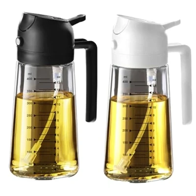 Immagine di TrendPlain Spruzzino Olio per Friggitrice Aria 470ml, Spruzzatore e Dosatore 2 in 1, Nebulizzatore Cucina Insalata, senza BPA Nero+Bianco