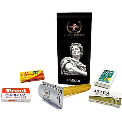 Immagine di Rasoio di Sicurezza a Doppio Filo Caesar Gold Roman Empire Shaving Classico Safety Razor in Acciaio con Set 20 Lamette da Barba (Astra Derby Shark Treet)