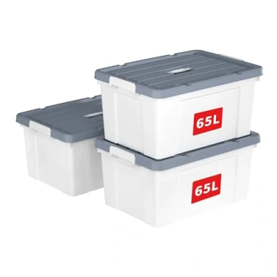 Immagine di Cetomo Scatola portaoggetti in plastica, 65L* 3, contenitore per organizzare con coperchio durevole e fibbie di chiusura sicura, impilabile annidabile, confezione da bianco