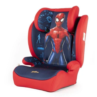 Immagine di Marvel Seggiolino auto Spiderman per la sicurezza dei bambini con altezza da 100 a 150 cm grafiche del supereroe uomo ragnno su fondo rosso e blu