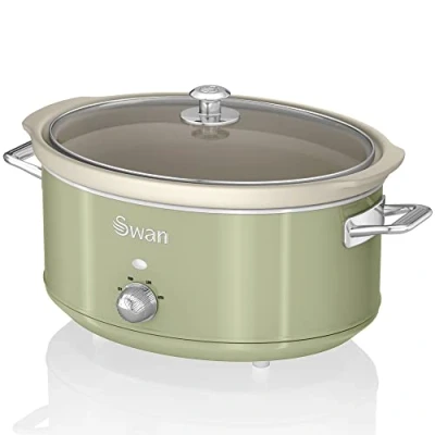 Immagine di Swan Retro SF17031GNEU Pentola Cottura Lenta 6,5L Contenitore Estraibile, Antiaderente Ceramica Libera PFOA e PTFE, 3 Livelli Temperatura, Coperchio Vetro, Slow Cooker Design Vintage, Verde, 320W