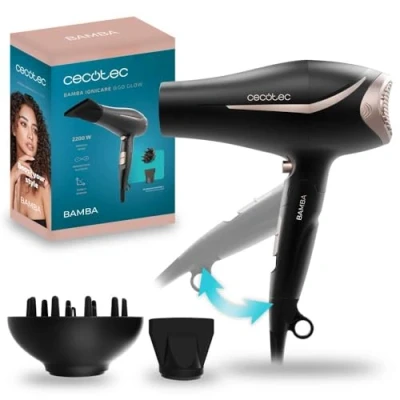 Immagine di Cecotec Asciugacapelli pieghevole IoniCare Power&amp;Go Glow. Potenza 2200W, Ioni reali, funzione Cool Air, tecnologia Hair Care, 2 velocità e 3 temperature, include ugello di precisione diffusore