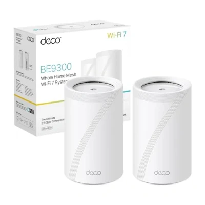 Immagine di TP Link WiFi 7 Deco BE65(2 pack) Router Mesh WiFi, BE 9214Mbps Tri Band, Canali 320 MHz, Porta Ethernet da 2,5 Gbps, Senza Precedenti, Alexa, Funziona con Qualsiasi ISP e Modem, 2 Pacchi