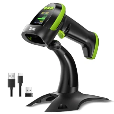 Immagine di Tera Scanner di codici a barre wireless 2D con supporto: versione Pro schermo regolazione digitale e tastiera, funziona Bluetooth 2,4 G cavo USB extra veloce portatile HW0009 Z