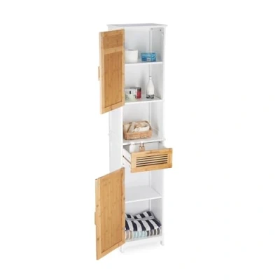 Immagine di Relaxdays, Bianco/Marrone Mobile Bagno a Colonna, 2 Ante, 1 Cassetto, Scaffale Alto, HLP 180x39x30 cm ca, Legno e bambù, Pannelli MDF, 180 x 39 30
