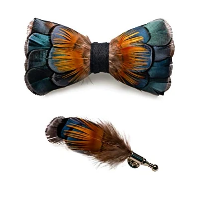 Immagine di JEMYGINS Papillon fatto a mano, in pelle, con piume, confezione regalo, da uomo, per matrimonio e feste, M