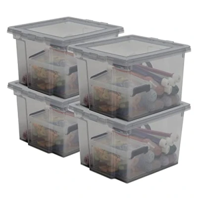 Immagine di Iris Ohyama, Scatola portaoggetti in plastica, per ufficio da 10 litri, Lotto di 4, Senza BPA, DDUSB S, Grigio, Impilabile, Clip chiusura L29 x P24 A18,5 cm