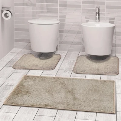 Immagine di Comart, Tappeto Ocean da Bagno, Parure Set Completo 3 Pezzi, Tris Antiscivolo, Scendi Doccia e Vasca, Tappetino WC Bidet, Lavabile in Lavatrice, Asciugatura Rapida, Design Moderno, Colore Beige