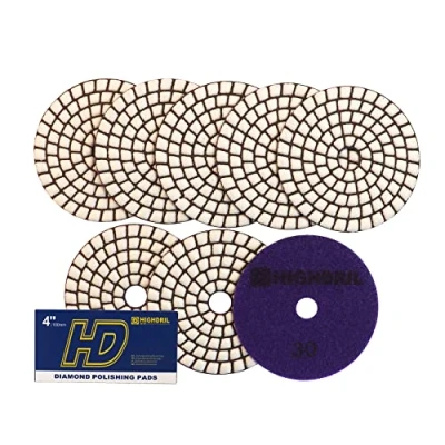 Immagine di HIGHDRIL Diamante Lucidatura Pad 8 pezzi #30 Set Tamponi Secco 100MM per Granito Pietra Marmo Pavimento, Kit di Trapano Smerigliatrice Lucidatrice