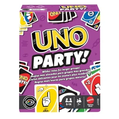 Immagine di Mattel Games UNO Party, gioco di carte con mazzo e regole speciali per gruppi numerosi bambini, adulti famiglie, da 6 a 14 giocatori dai 7 anni in su, JJV58
